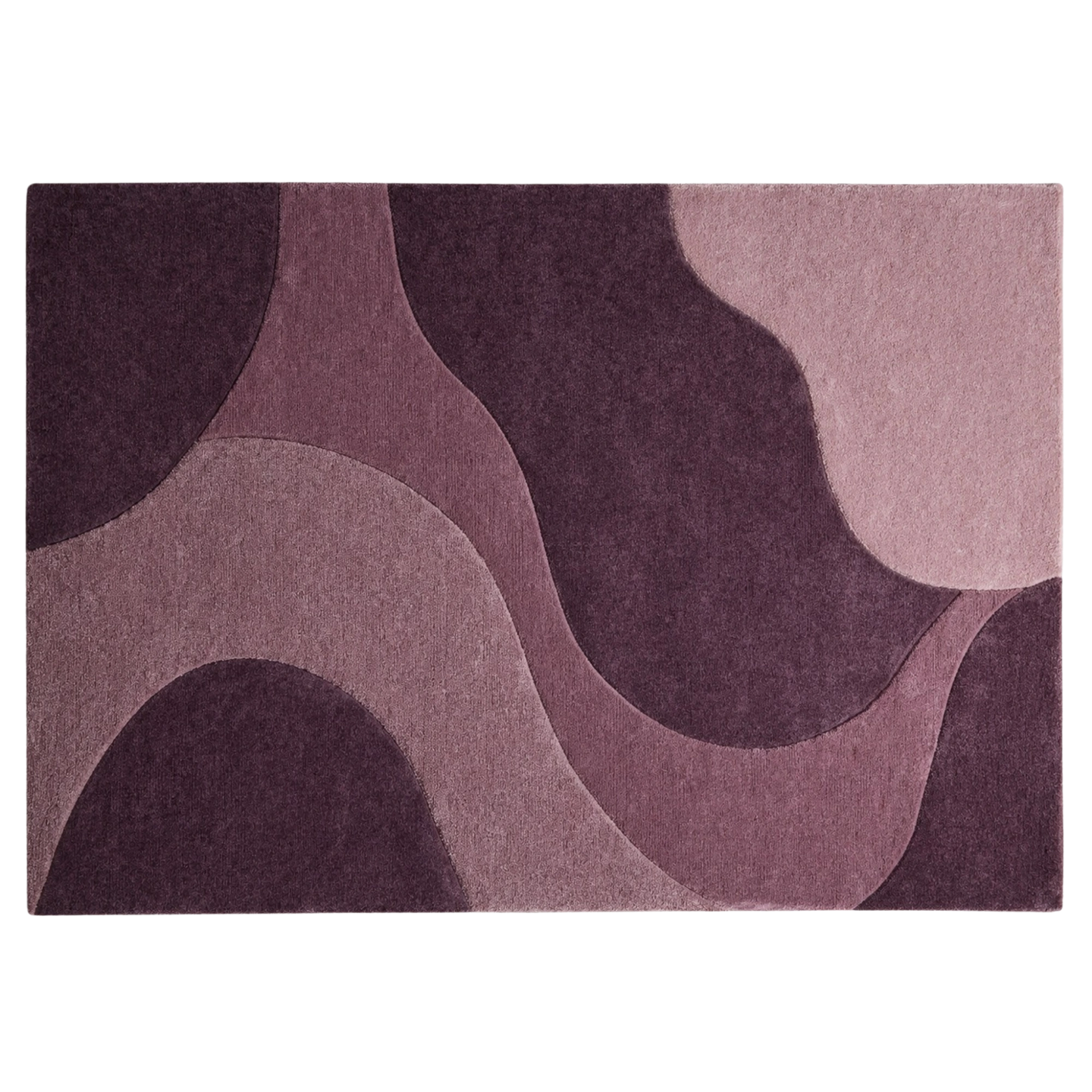 A rectangular area rug with an abstract wavy pattern in shades of purple, mauve, and dusty pink, shown flat against a white background.