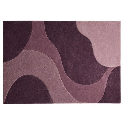 A rectangular area rug with an abstract wavy pattern in shades of purple, mauve, and dusty pink, shown flat against a white background.