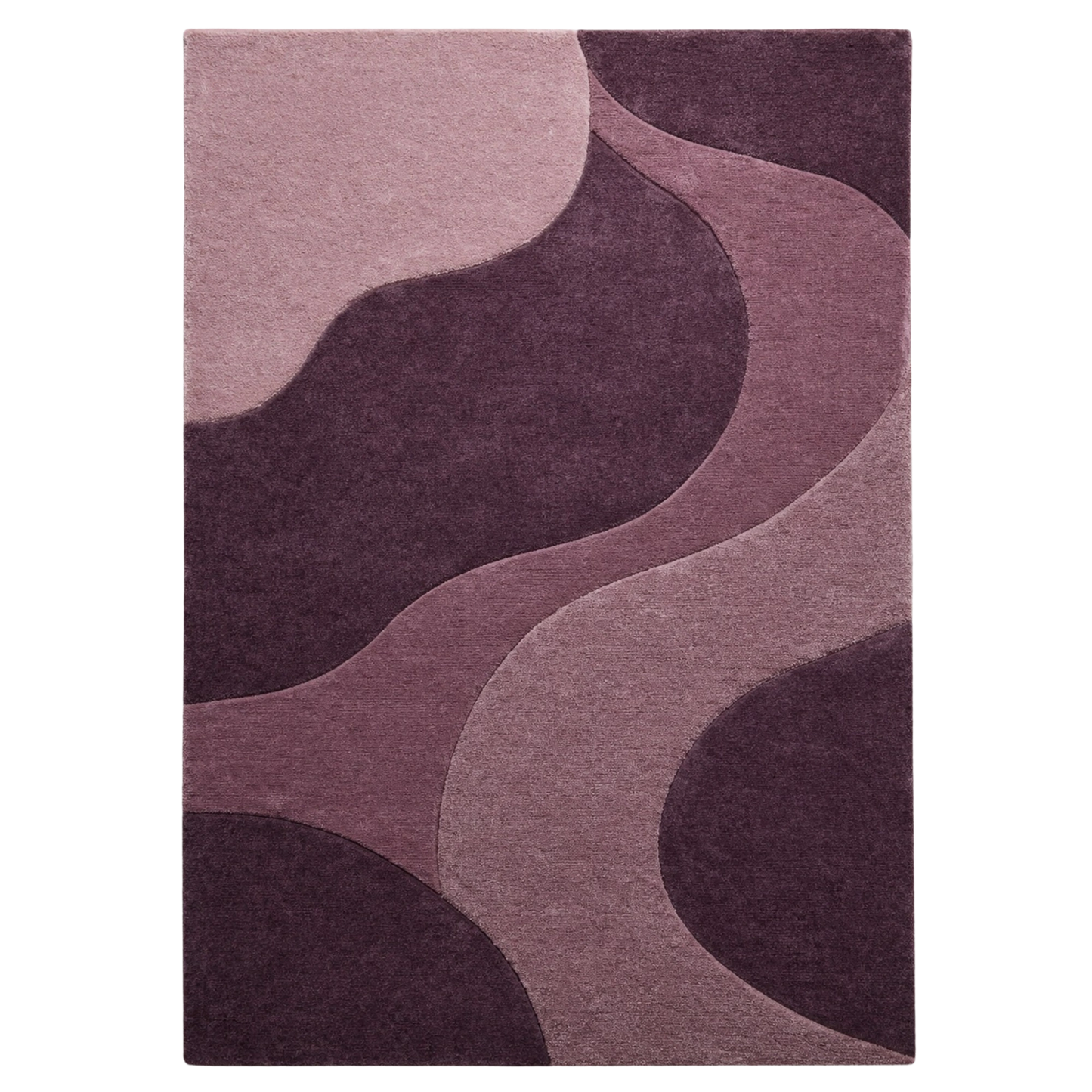 A rectangular area rug with an abstract, wavy organic pattern in shades of dusty pink, mauve, and deep plum purple, shown flat against a white background.