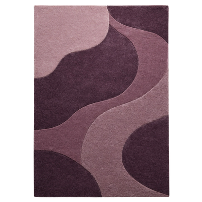 A rectangular area rug with an abstract, wavy organic pattern in shades of dusty pink, mauve, and deep plum purple, shown flat against a white background.