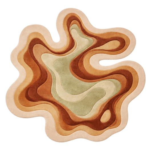Abstract organic shape hand-tufted wool rug with layered contour design in warm earthy tones