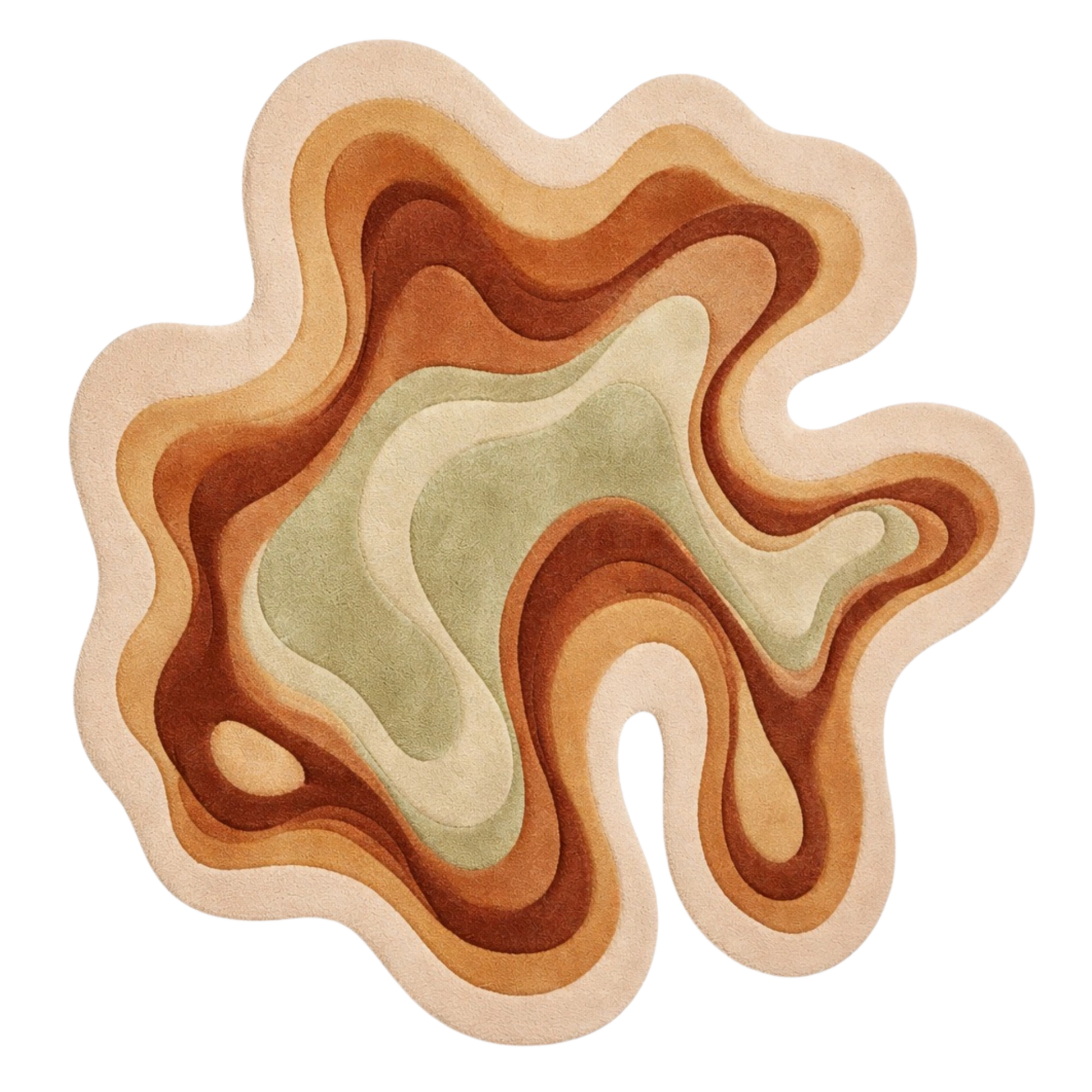 Freeform modern wool rug with flowing curves and rust, beige, and sage color palette