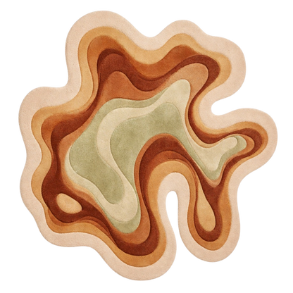 Freeform modern wool rug with flowing curves and rust, beige, and sage color palette