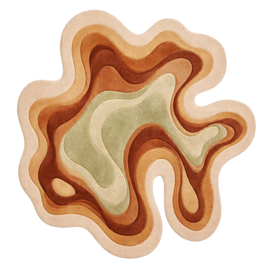 Freeform modern wool rug with flowing curves and rust, beige, and sage color palette