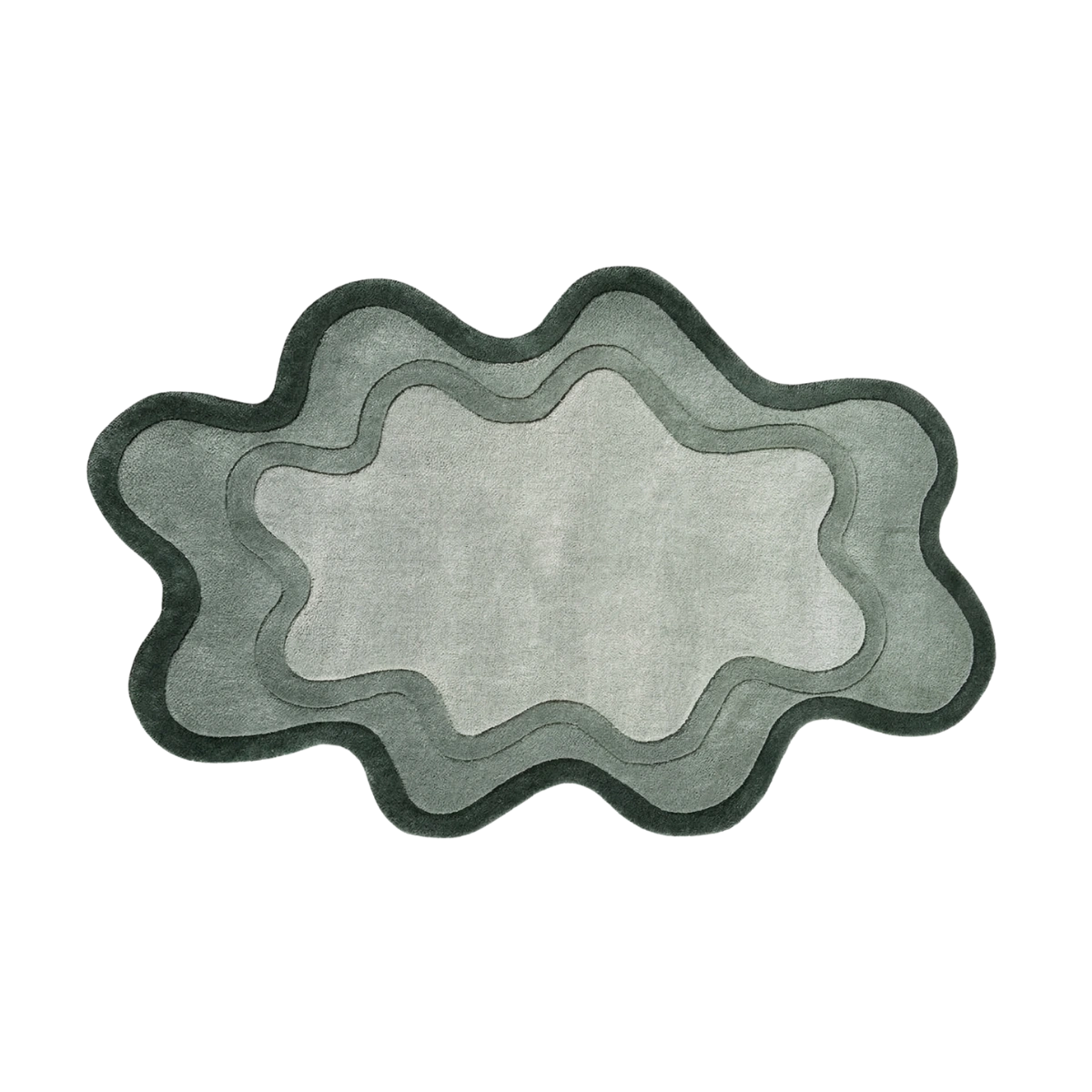 A cloud-shaped area rug with concentric wavy layers in shades of gray and a dark charcoal border, shown on a plain white background.