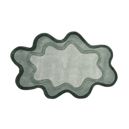 A cloud-shaped area rug with concentric wavy layers in shades of gray and a dark charcoal border, shown on a plain white background.