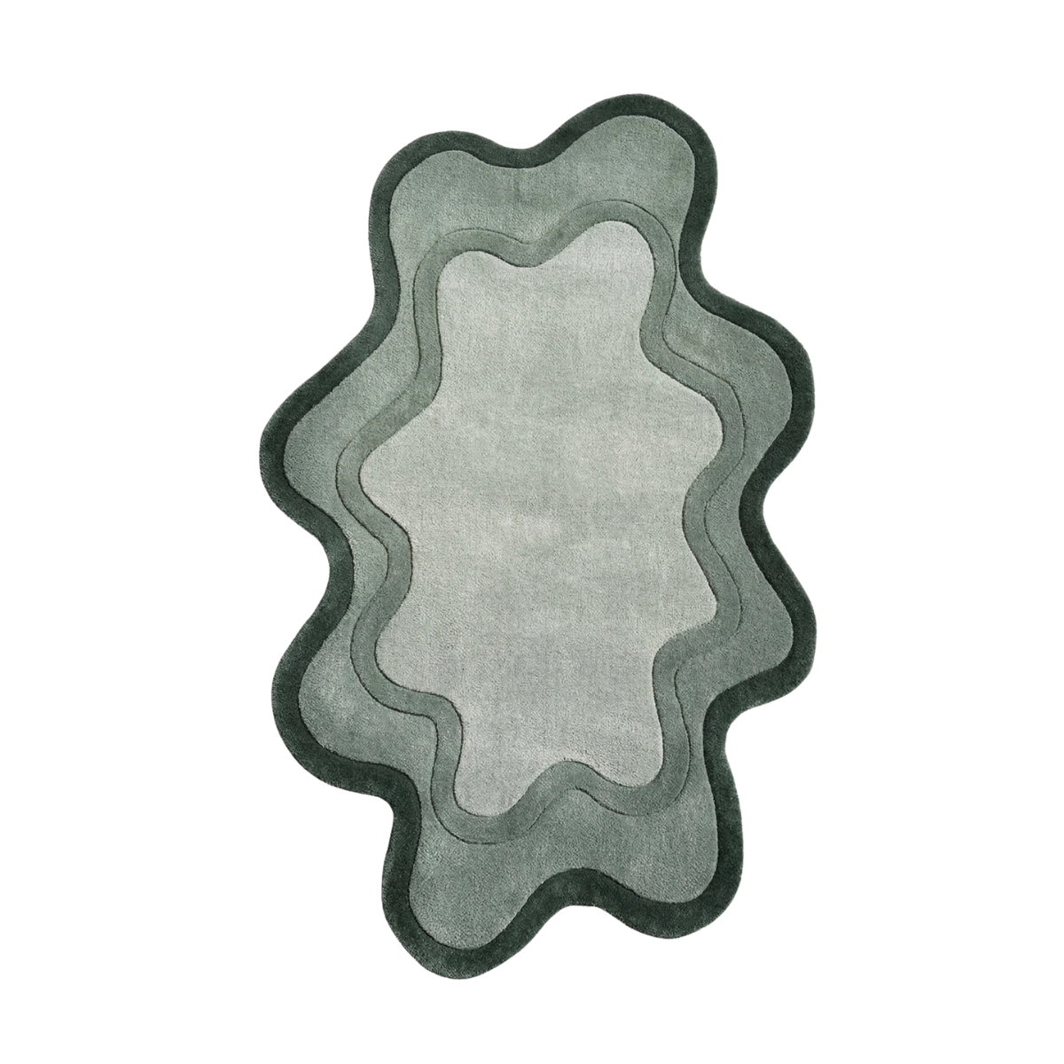 An abstract, wavy-edged rug or mat shown from above on a plain white background. The design features concentric layers in shades of gray and sage green, with a dark charcoal border.