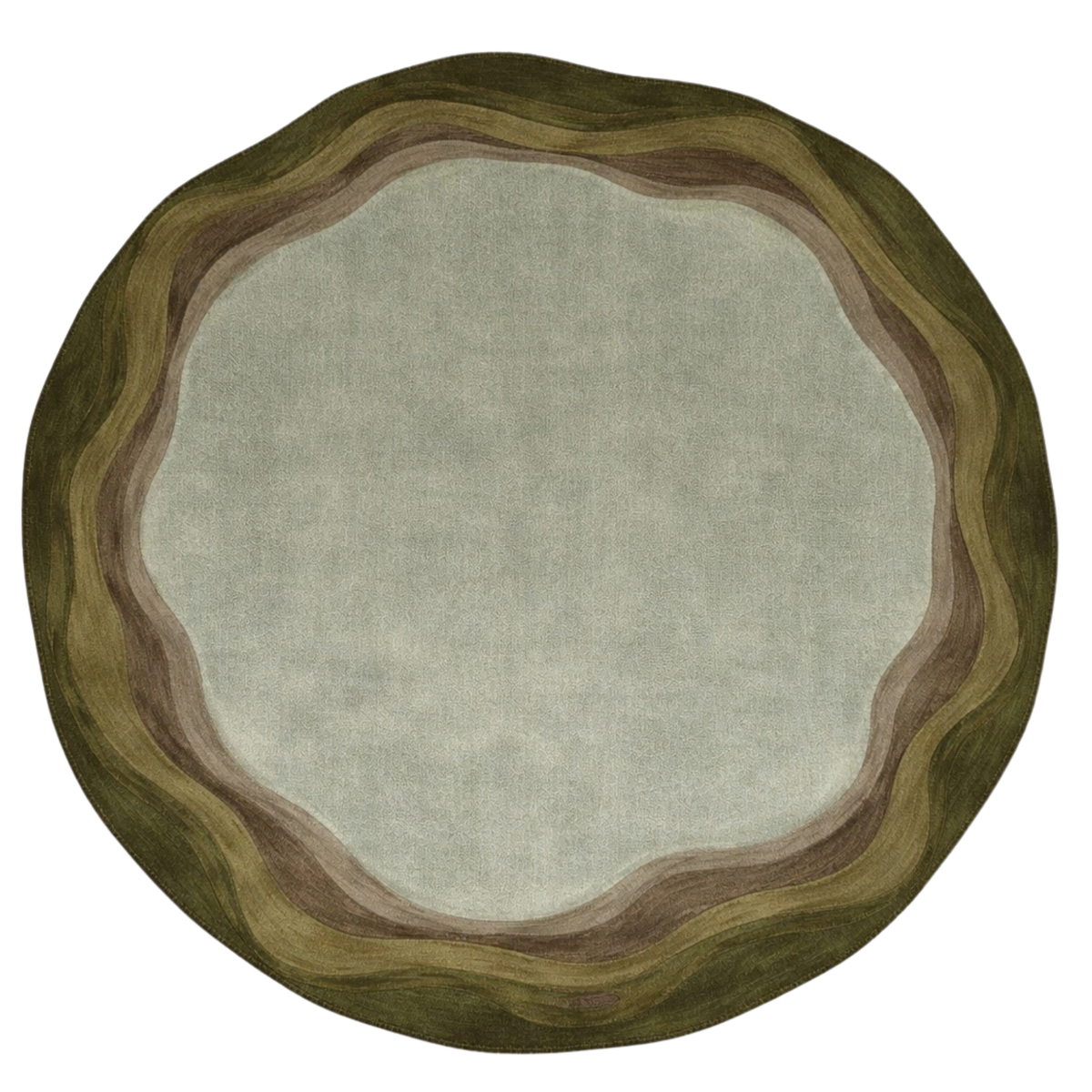 A round area rug with a scalloped organic border and a solid center, shown from a top-down view on a white background.