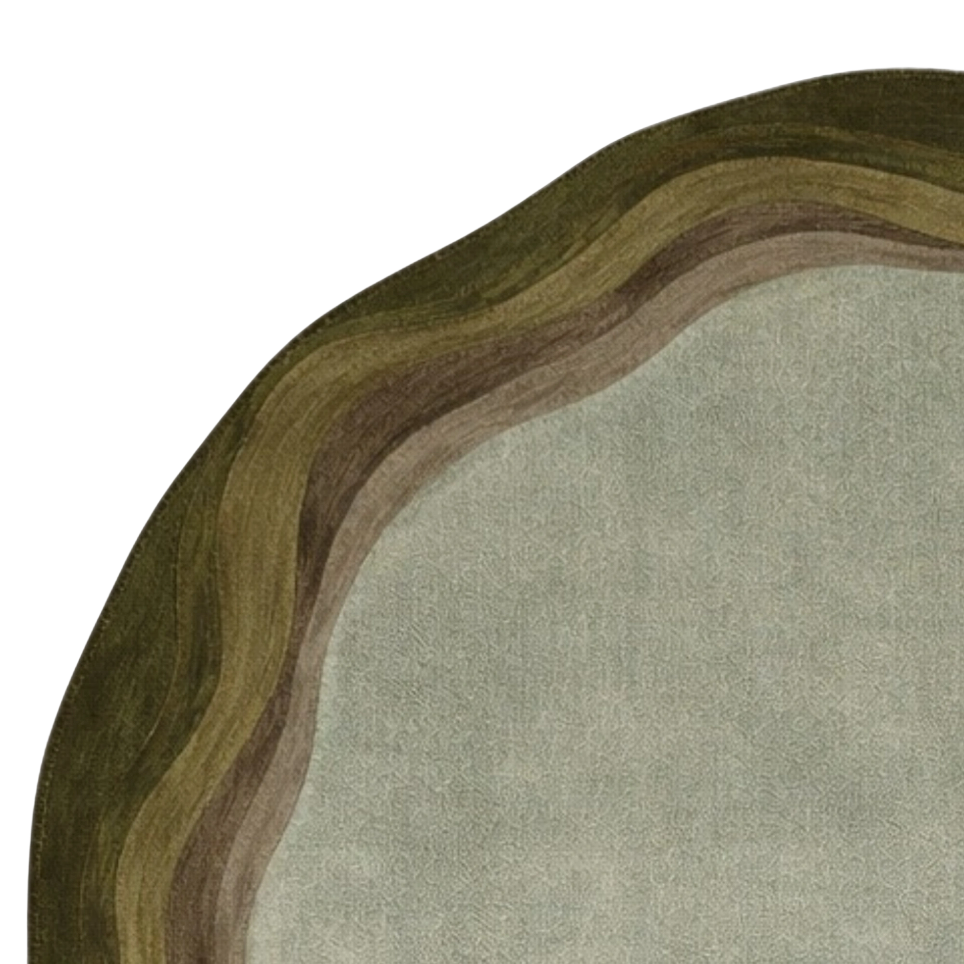 A close-up of a round rug with a textured, layered organic border in olive green, brown, and beige, surrounding a light gray-green center on a white background.