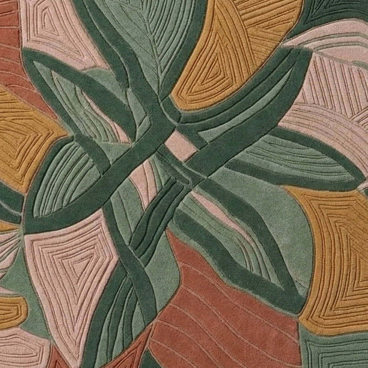 A close-up of a textured area rug featuring an abstract botanical pattern with layered, raised leaf shapes in muted green, dusty pink, ochre yellow, and terracotta.