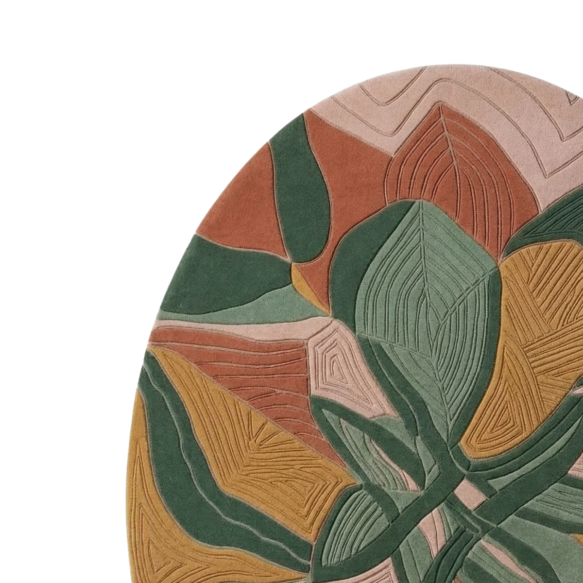 Close-up of a round area rug with an abstract botanical pattern in muted terracotta, sage green, mustard yellow, and blush pink tones on a white background.