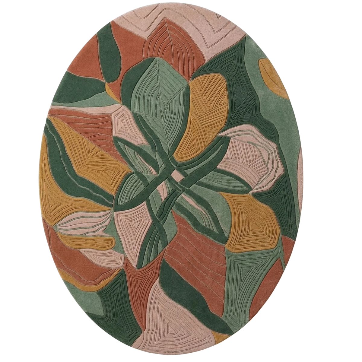 An oval area rug featuring an abstract, symmetrical botanical pattern with overlapping leaf-like shapes in muted green, dusty pink, terracotta, and mustard yellow, shown against a plain white background.
