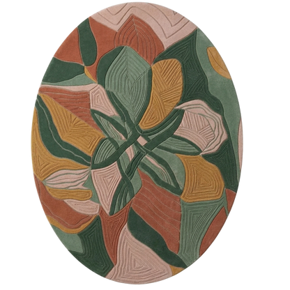 An oval area rug featuring an abstract, symmetrical botanical pattern with overlapping leaf-like shapes in muted green, dusty pink, terracotta, and mustard yellow, shown against a plain white background.