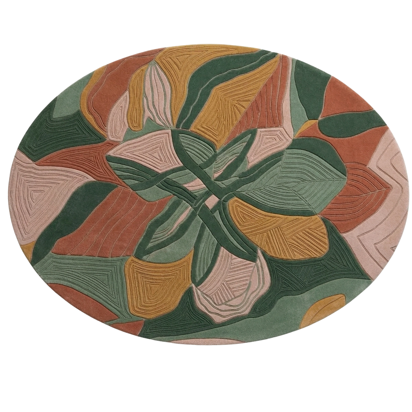 An oval area rug featuring a symmetrical, abstract floral or geometric pattern in muted tones of sage green, terracotta, mustard yellow, and dusty pink, shown against a plain white background.