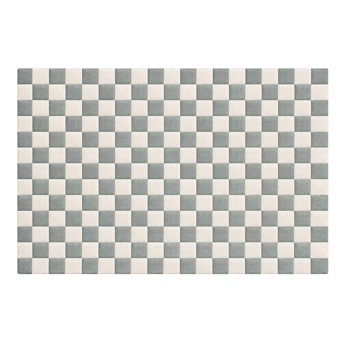 A rectangular area rug with a classic checkerboard pattern in muted sage green and off-white, shown flat against a solid white background.