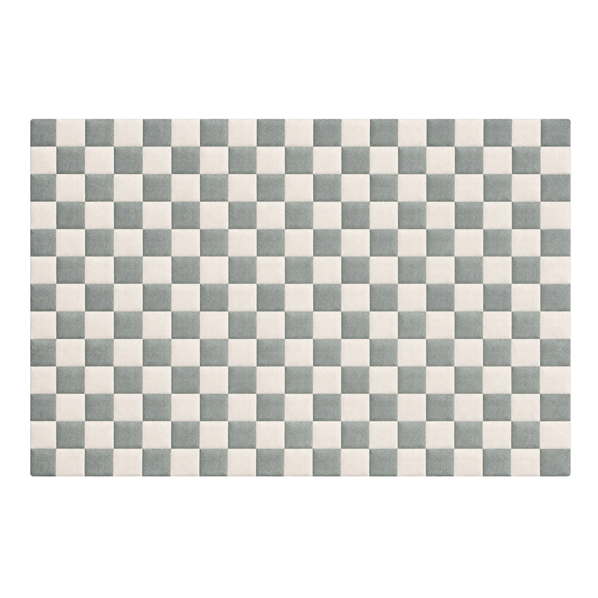 A rectangular area rug with a classic checkerboard pattern in muted sage green and off-white, shown flat against a solid white background.