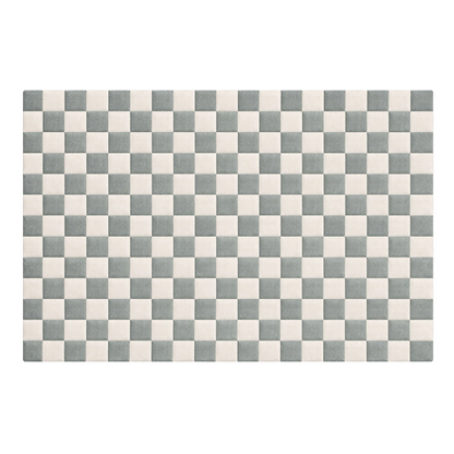 A rectangular area rug with a classic checkerboard pattern in muted sage green and off-white, shown flat against a solid white background.