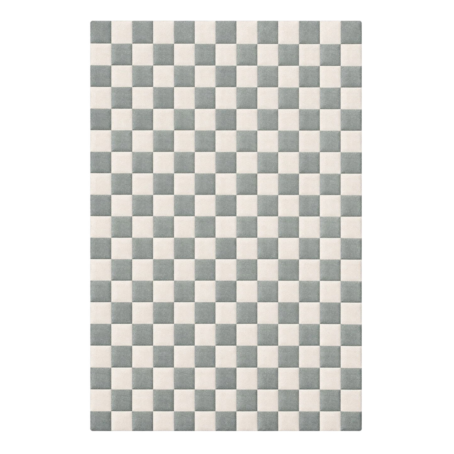 A rectangular area rug featuring a classic checkerboard pattern in muted sage green and off-white, shown flat against a solid white background.
