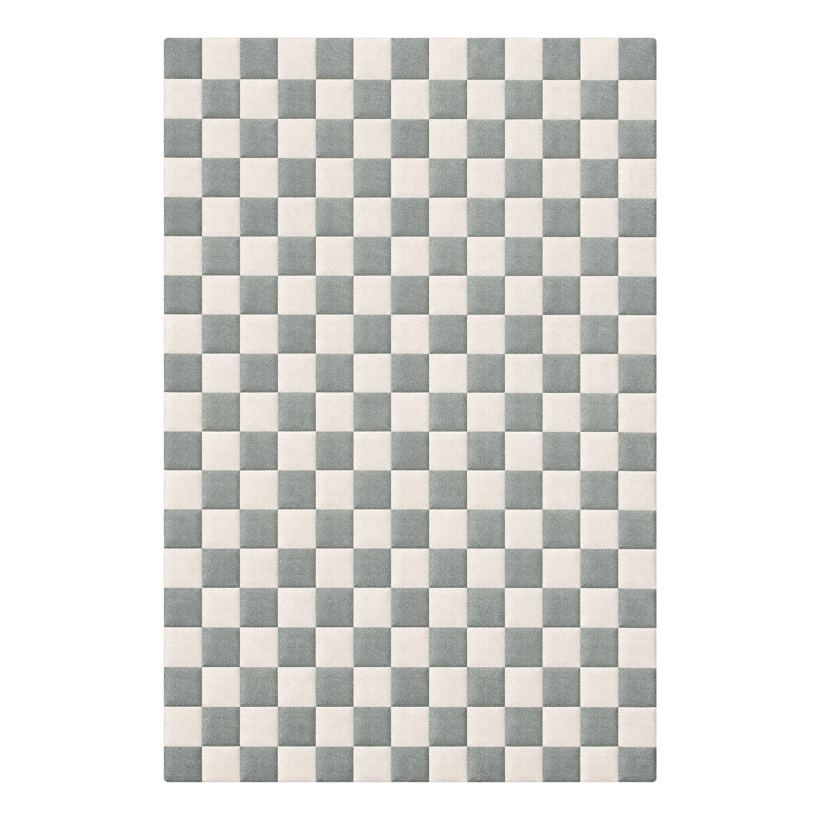 A rectangular area rug featuring a classic checkerboard pattern in muted sage green and off-white, shown flat against a solid white background.