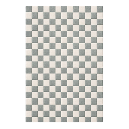 A rectangular area rug featuring a classic checkerboard pattern in muted sage green and off-white, shown flat against a solid white background.