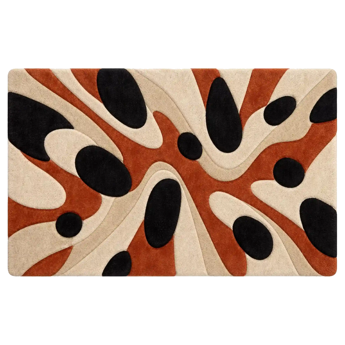 A rectangular area rug with an abstract, organic wavy pattern in rust orange, cream, and black, shown flat against a white background.