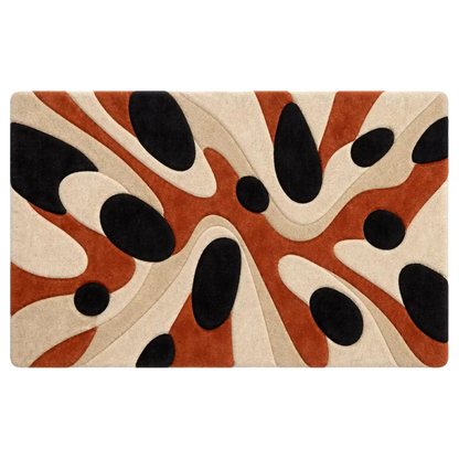 A rectangular area rug with an abstract, organic wavy pattern in rust orange, cream, and black, shown flat against a white background.