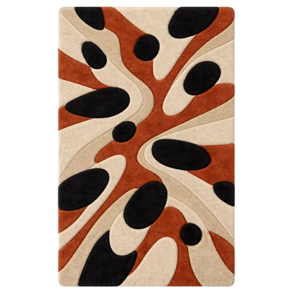 A rectangular area rug with an abstract, organic wavy pattern in terracotta orange, cream, and black, shown flat against a solid white background.