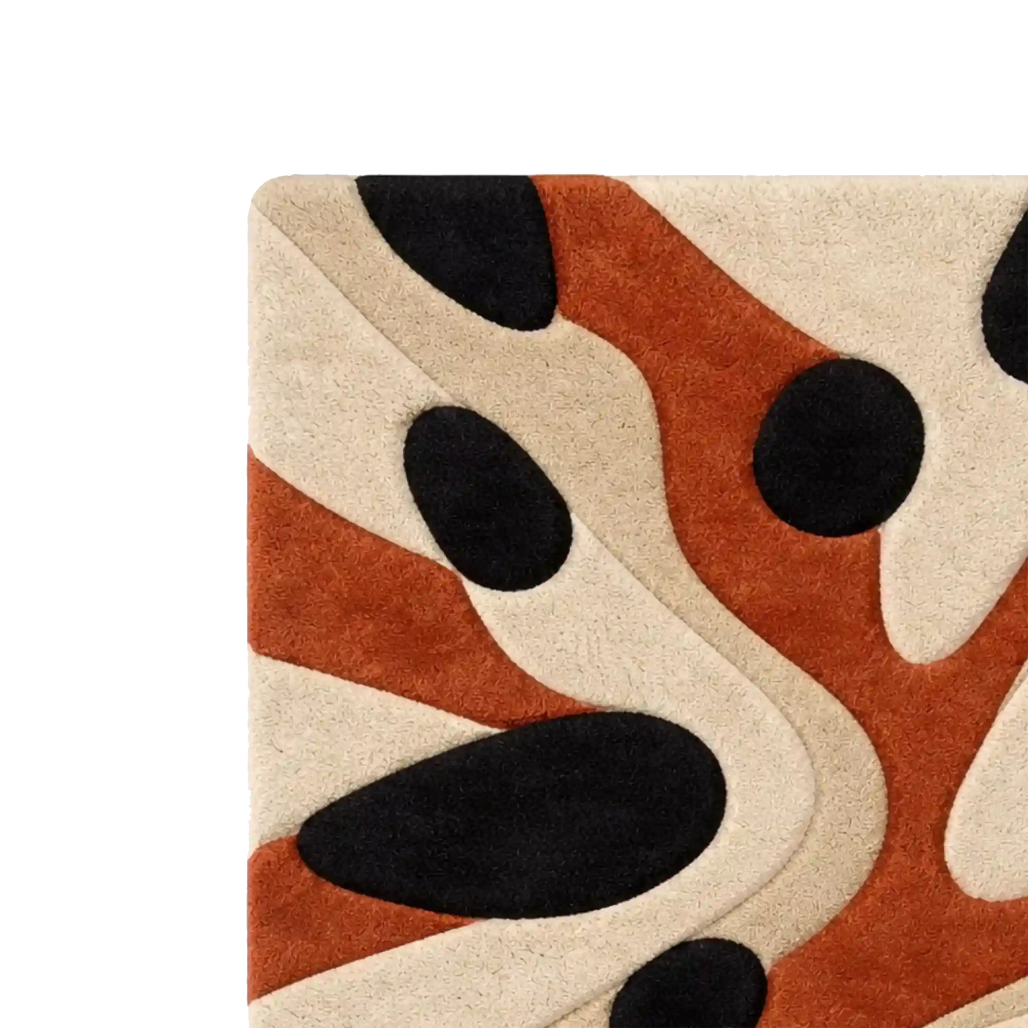 Close-up of a textured rug with an abstract organic pattern in beige, rust orange, and black on a white background.