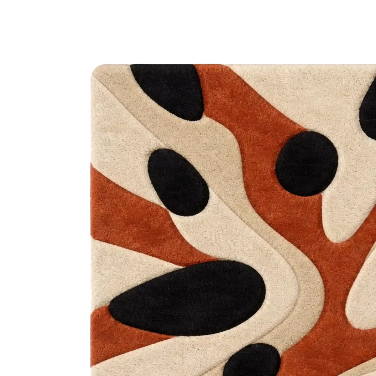 Close-up of a textured rug with an abstract organic pattern in beige, rust orange, and black on a white background.