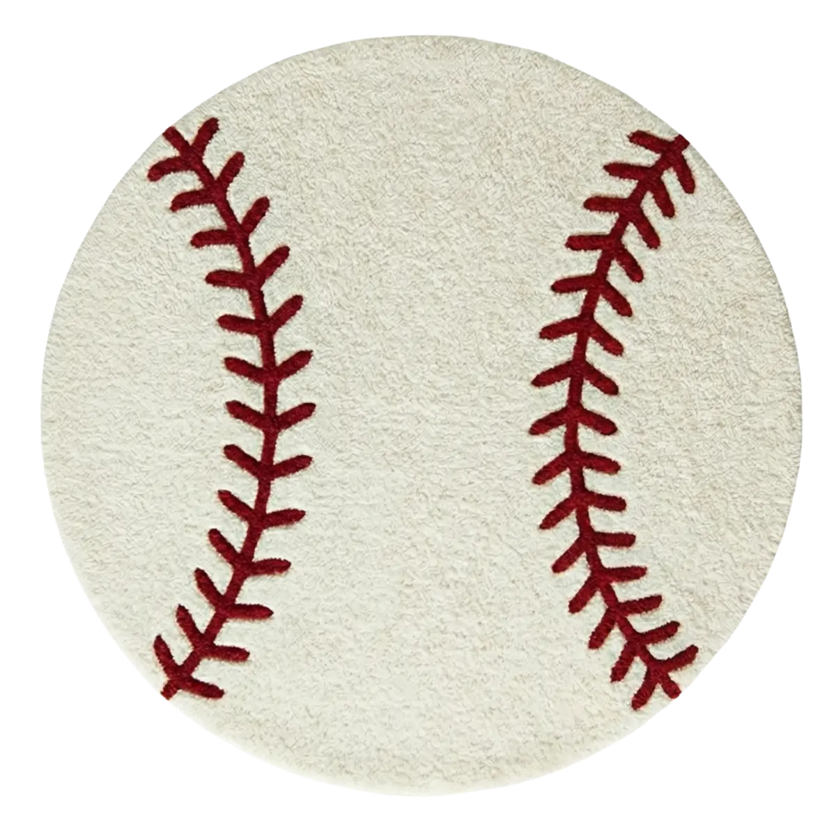 Round rug with red stitching pattern on a white background