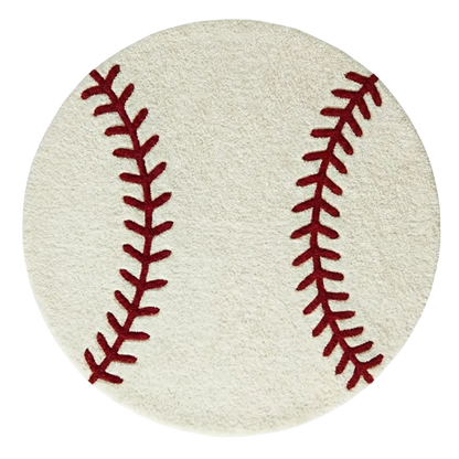 Round rug with red stitching pattern on a white background