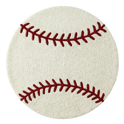 Round rug with a baseball design on a white background