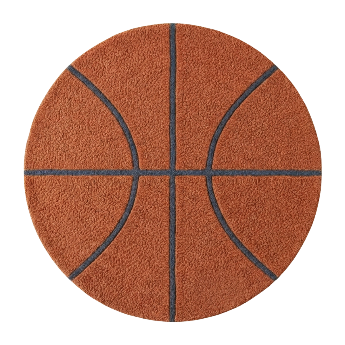 Round brown rug with black lines resembling a basketball on a white background