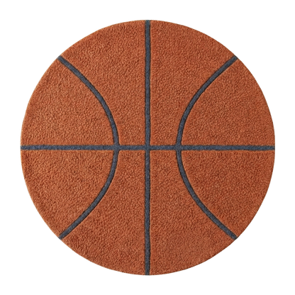 Round brown rug with black lines resembling a basketball on a white background
