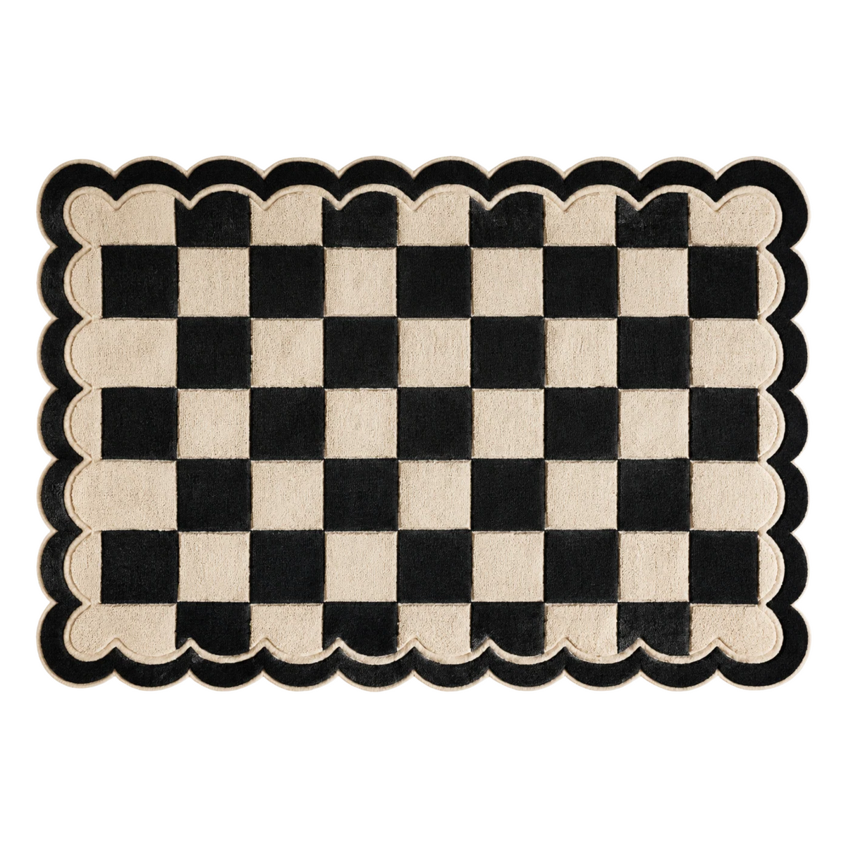 Black and cream checkerboard wool area rug with contrasting square pattern, rounded scalloped edges, and modern geometric design.