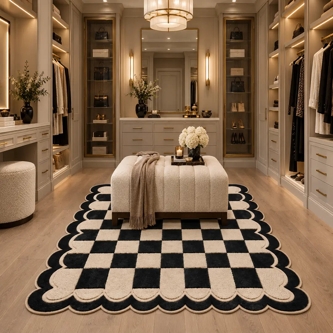 Black and ivory checkerboard hand-tufted wool rug with a double scalloped border beneath a cream bench in a luxury walk-in closet.