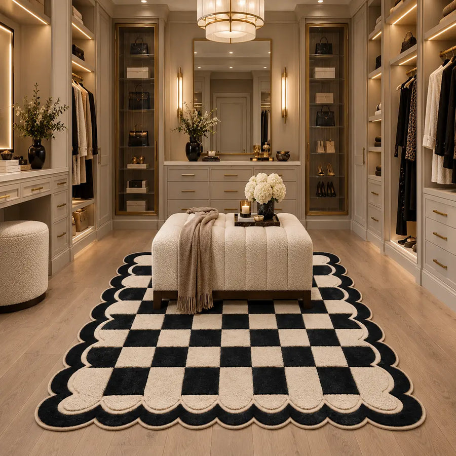 Black & Ivory Checkerboard Scalloped Hand-Tufted Wool Area Rug