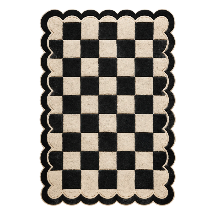 Black & Ivory Checkerboard Scalloped Hand-Tufted Wool Area Rug