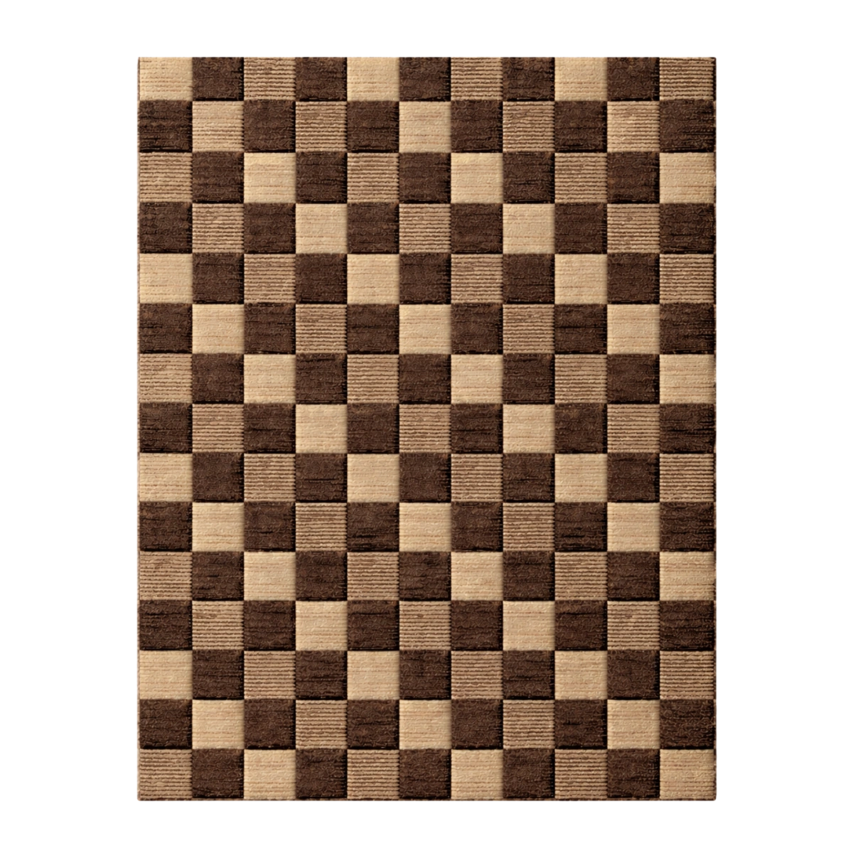 Checkered rug with brown and beige squares on a white background