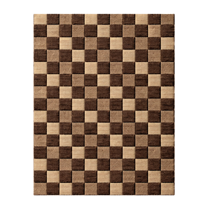 Checkered rug with brown and beige squares on a white background
