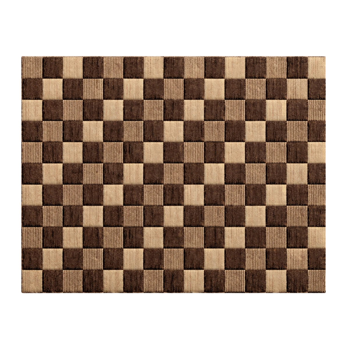 Checkered brown and beige rug on a white background
