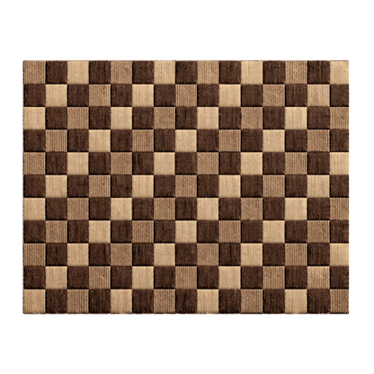 Checkered brown and beige rug on a white background
