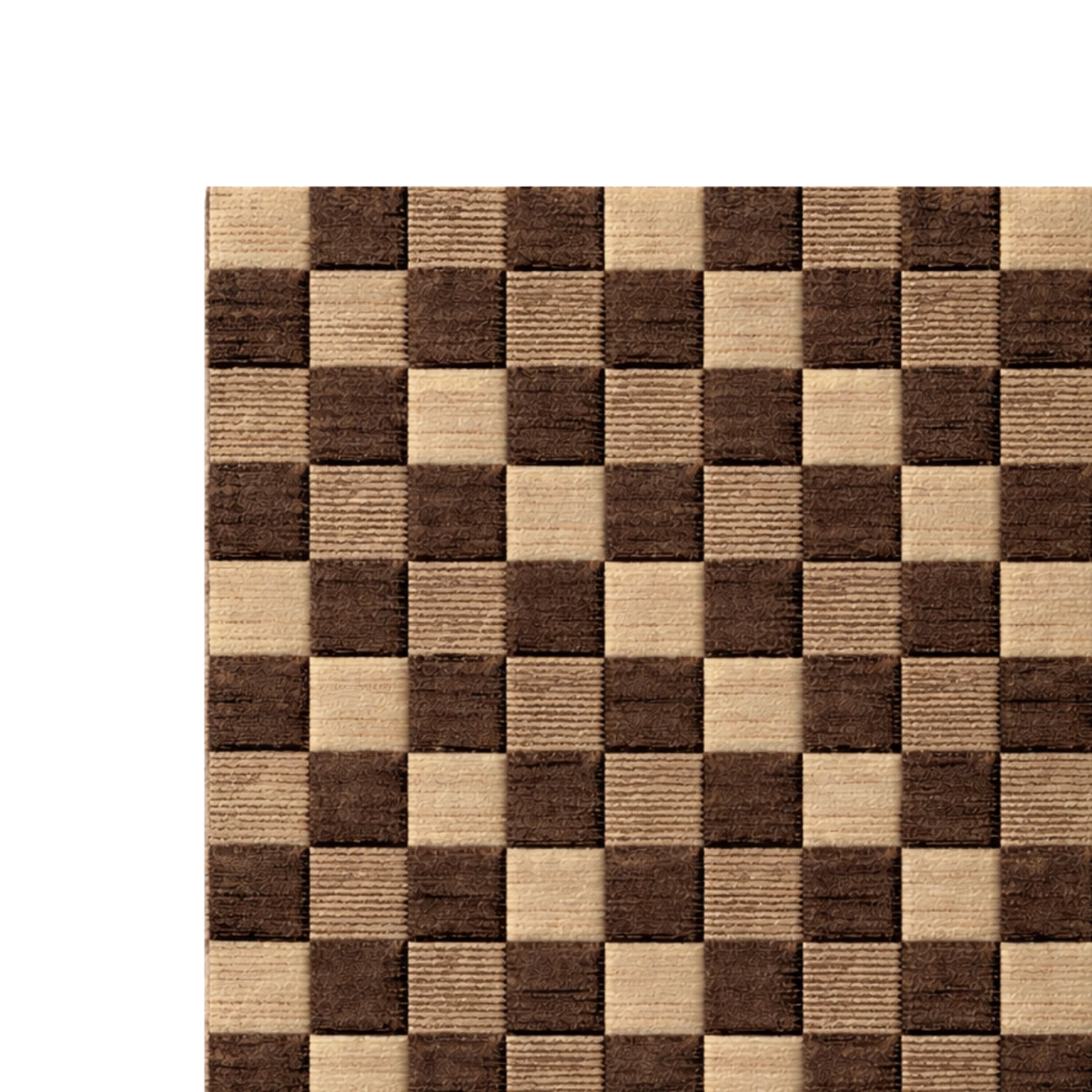 Checkered patterned rug with brown and beige squares on a white background