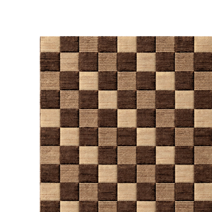 Checkered patterned rug with brown and beige squares on a white background