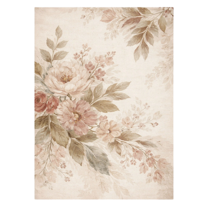 Floral patterned rug with soft colors on a beige background