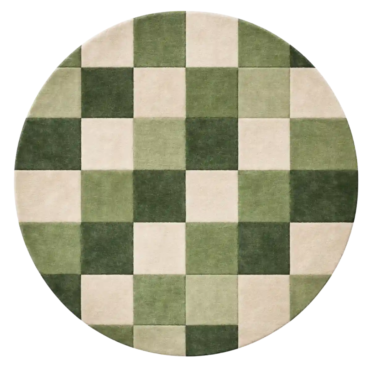 Round checkered rug with green and beige squares on a white background