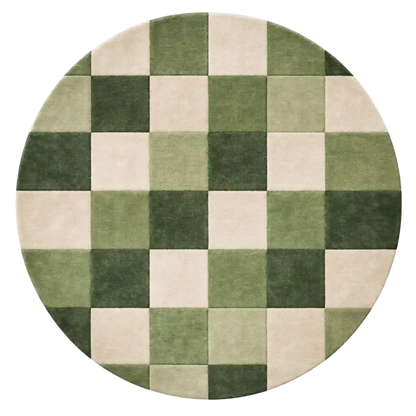 Round checkered rug with green and beige squares on a white background