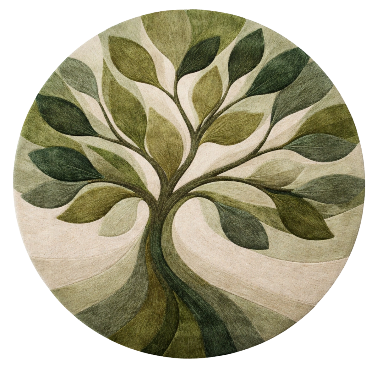 Round rug with a tree design in green and beige colors on a white background