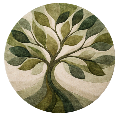 Round rug with a tree design in green and beige colors on a white background