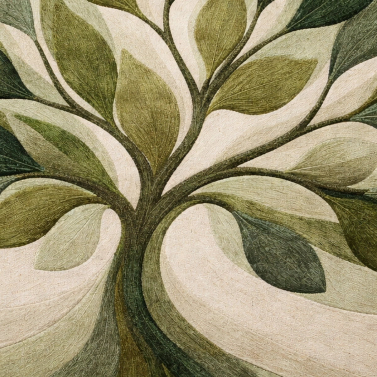 Close-up of a textured surface with leaf pattern in green and beige tones